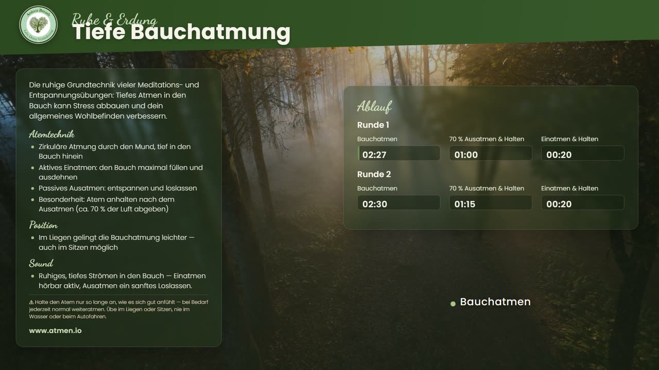 Technik-Video Tiefe Bauchatmung auf Wald-Hintergrund